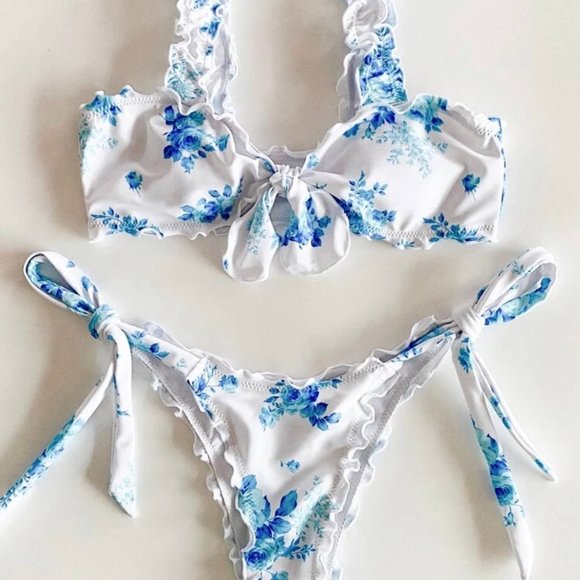 Floral lettuce trim print bikini set - Picture 2 of 3